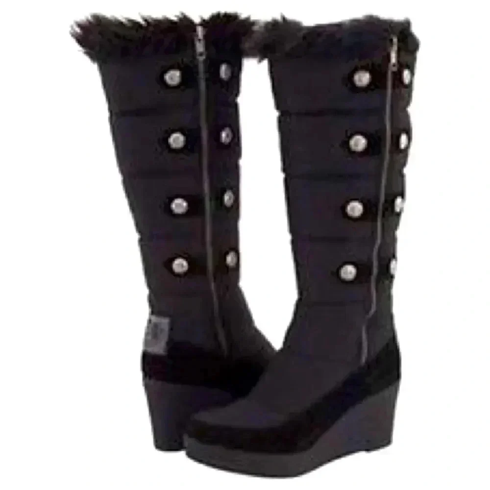 Juicy Couture Everest Quilted Nylon Suede FauxFur Knee High Tall Wedge Boots
